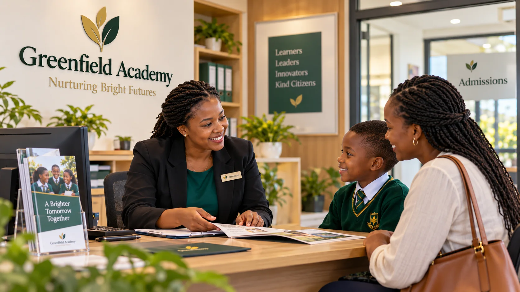 A parent and learner meeting a welcoming admissions officer
