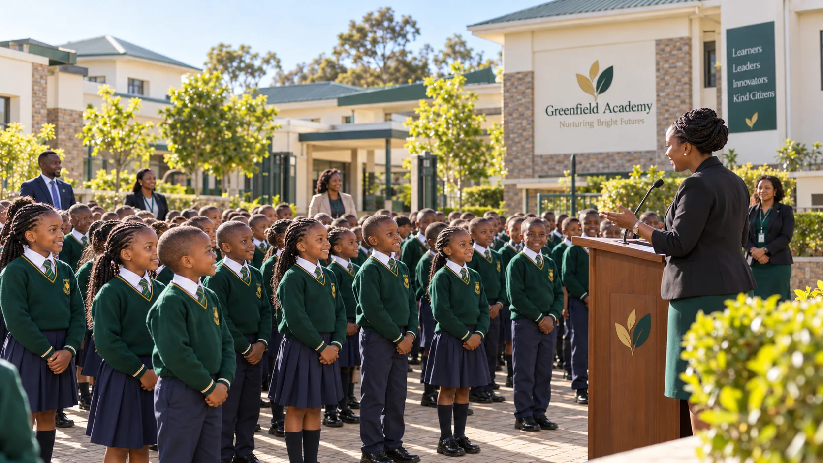 School community gathered outdoors for an assembly