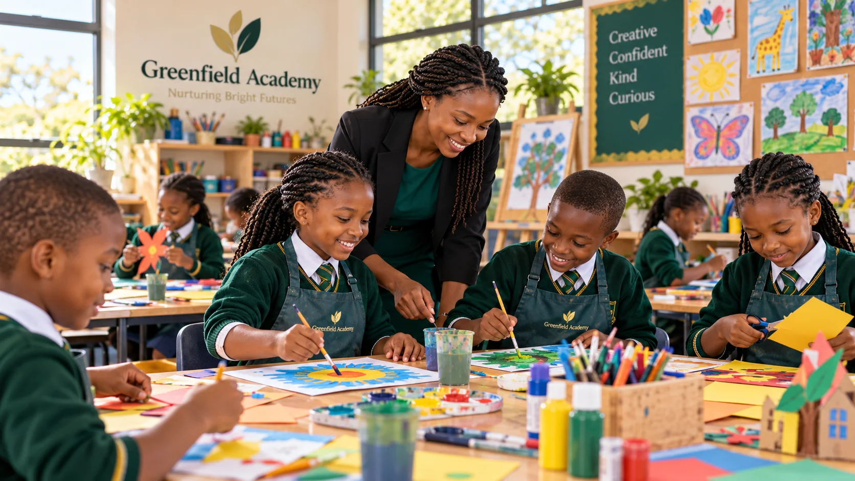 Learners painting and making colourful paper crafts