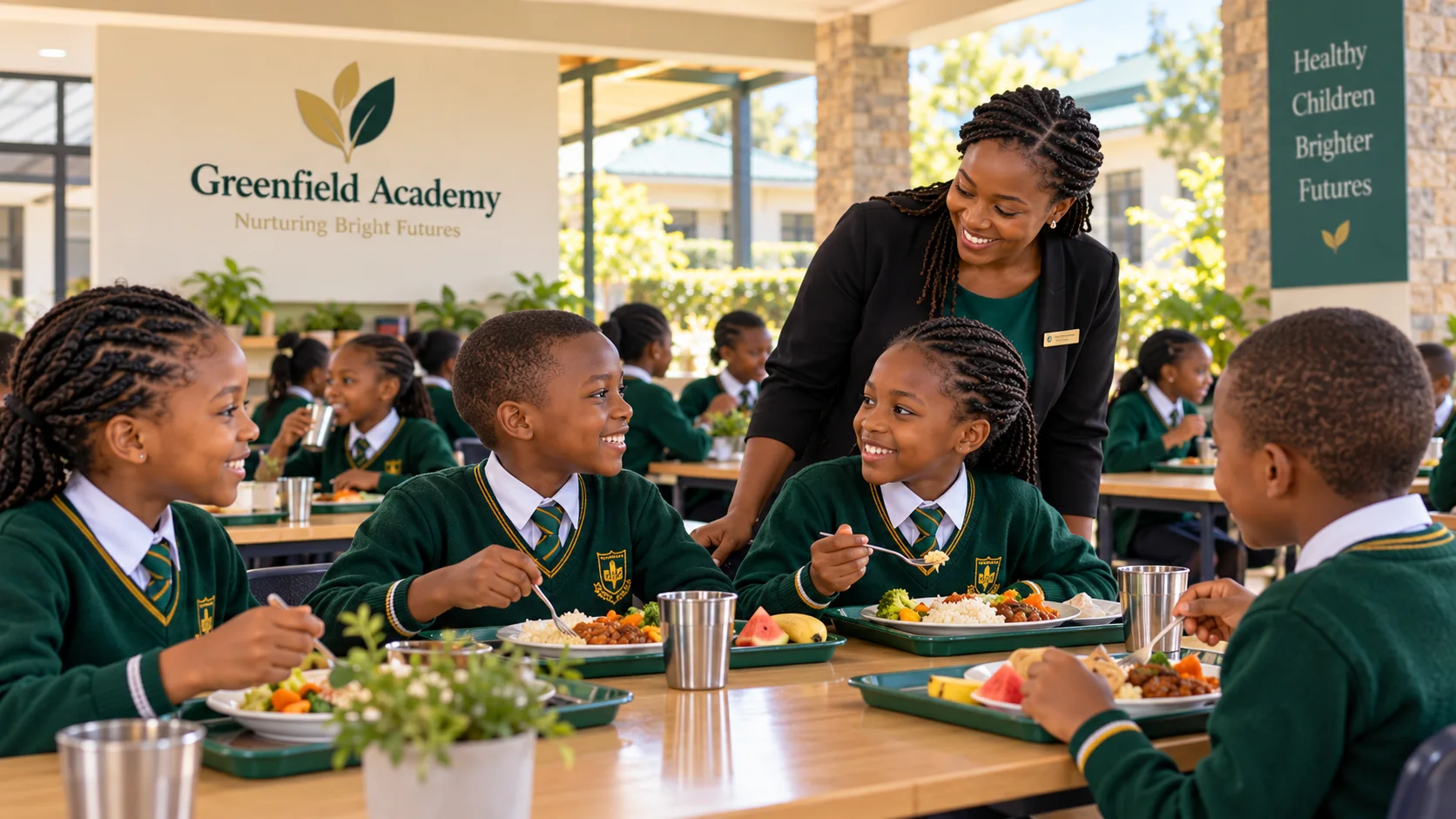 Learners sharing a meal with teacher supervision