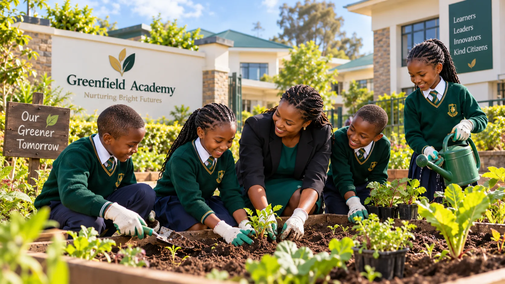 Learners and a teacher planting seedlings together in a school garden