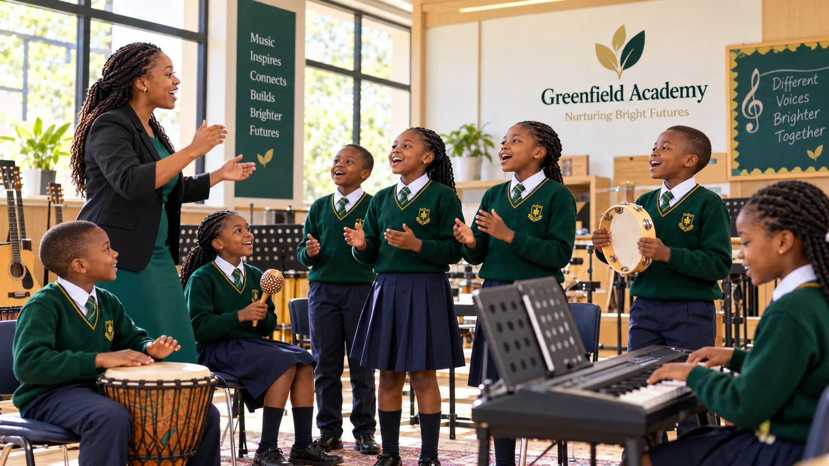 Learners singing and making music with their teacher