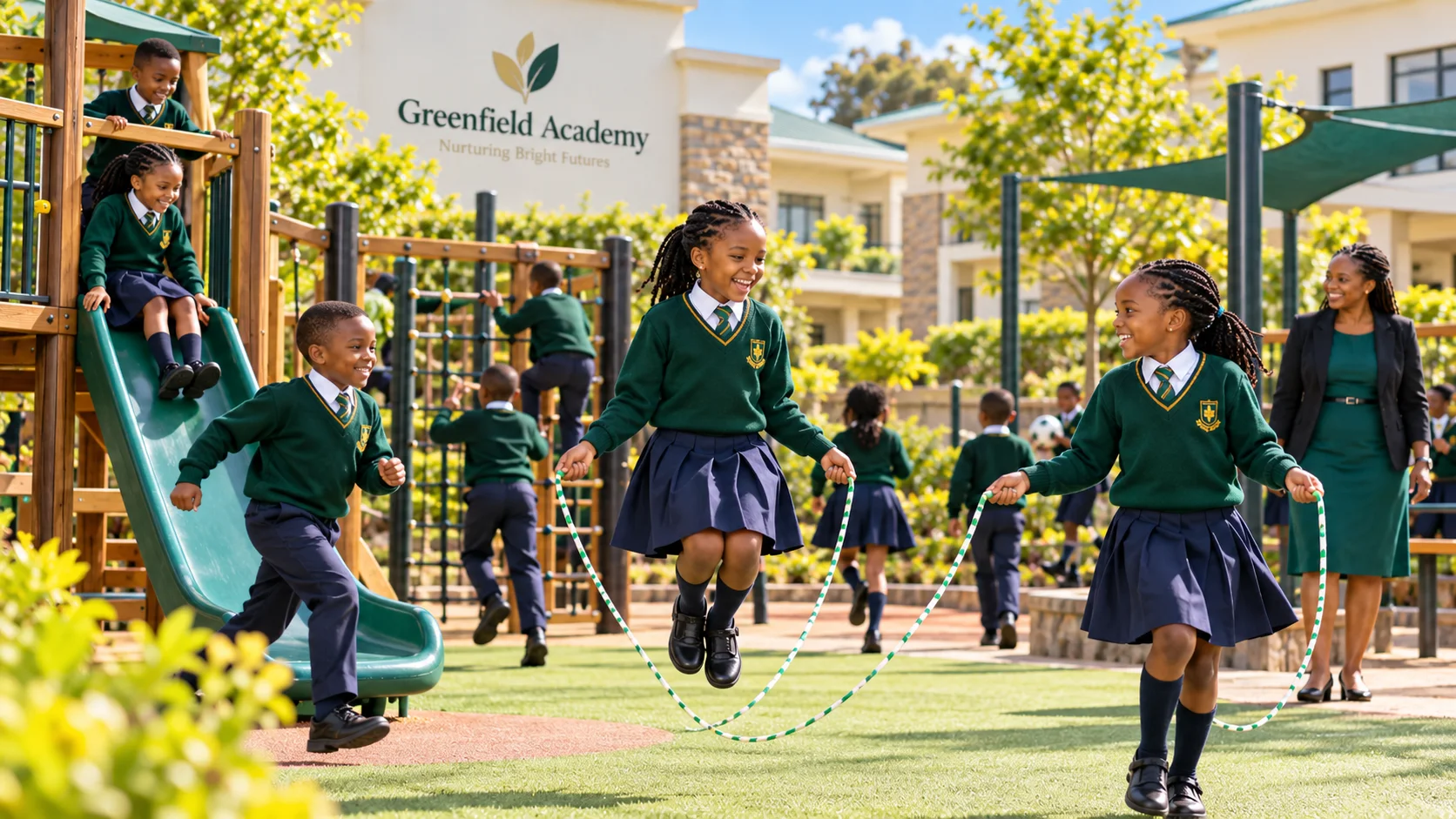 Learners skipping and playing together in a school playground