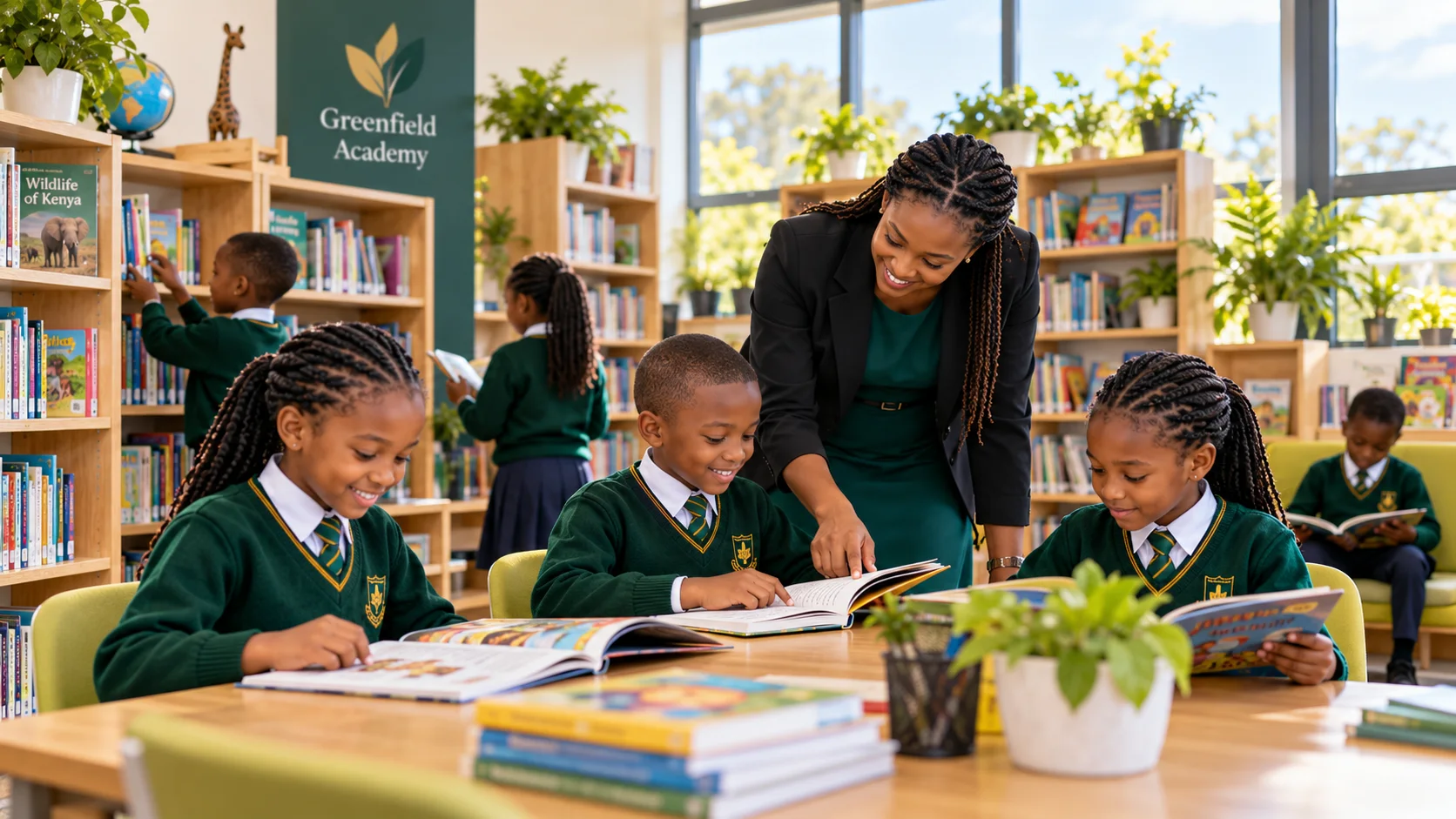 A teacher shares a book with learners in a bright library