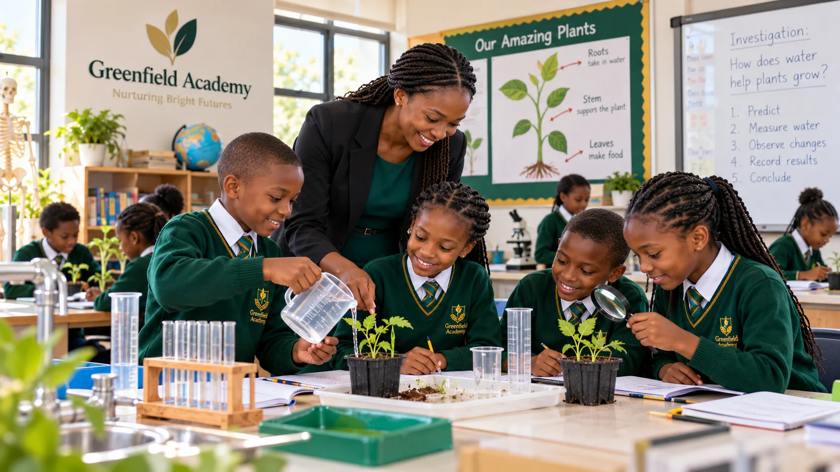 A teacher guides learners through a practical plant science activity
