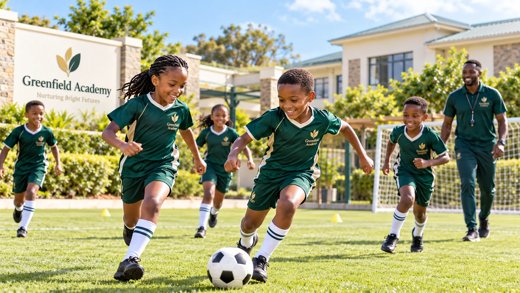 Learners playing football together outdoors